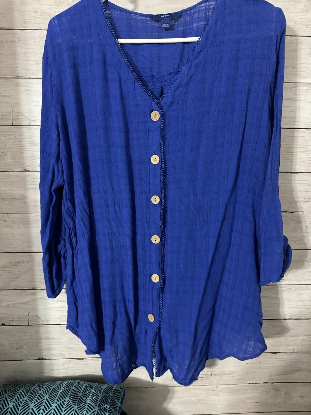 APT 9 women’s blue button down 3/4 sleeve lightweight blouse shirt size large